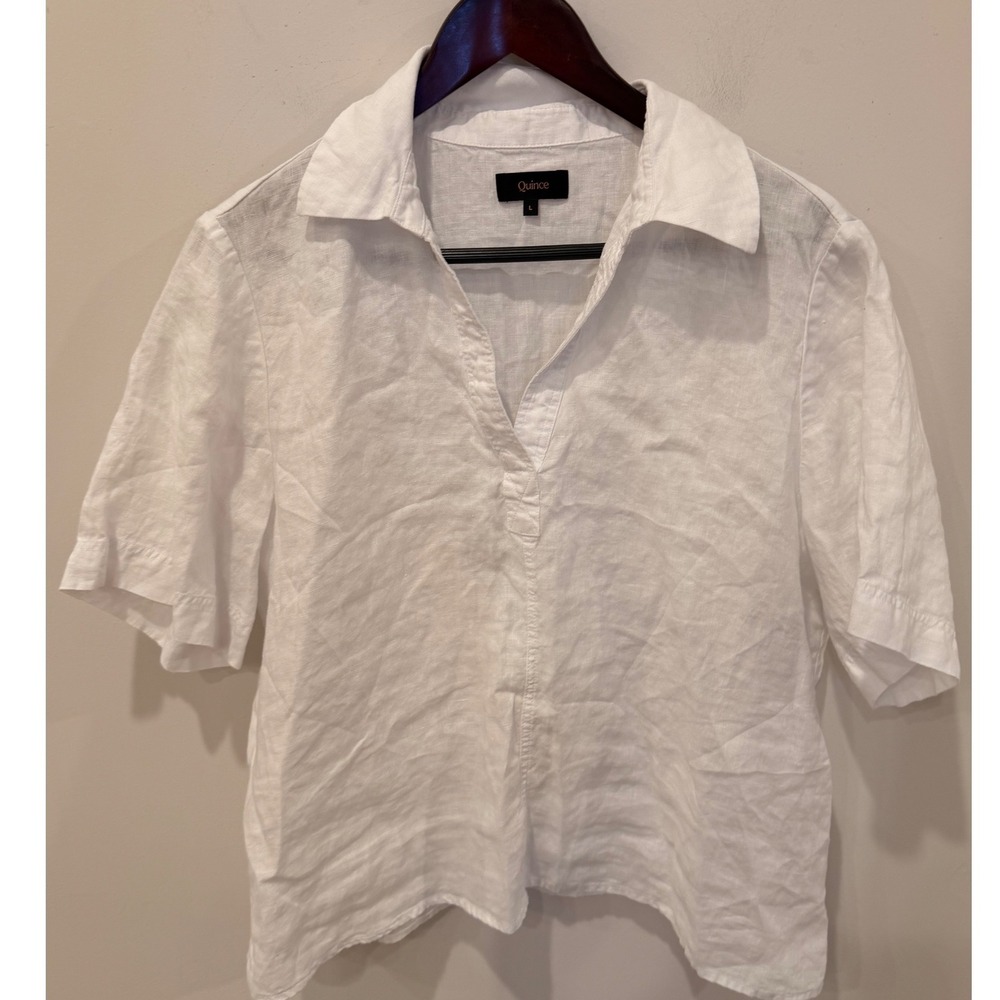 Quince 100% European Linen Short Sleeve Popover Top White L LB89624-TIGC004